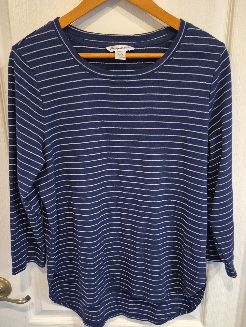 Tommy Bahama Cotton Navy and Silver Striped Long-Sleeve Tee